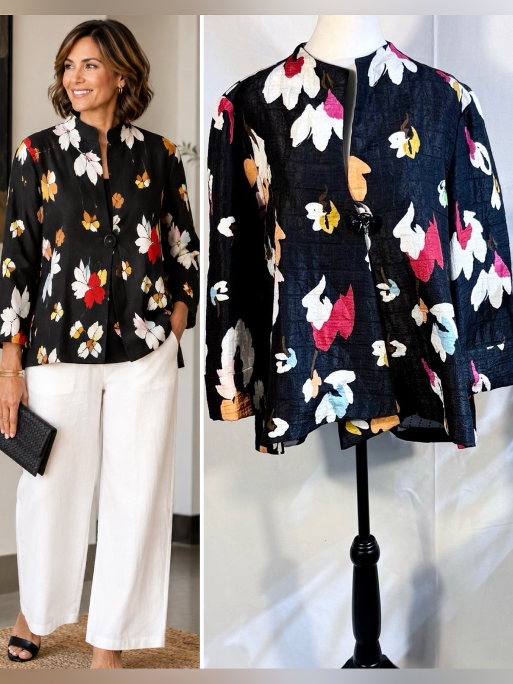 💥IC by Connie K Crinkle Textured Floral Swing Jacket 3/4 Cuff Sleeve Sz XXL🧡